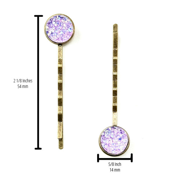 All Up In The Hair | Online Accessory Boutique Located in Mooresville, NC | Two Amethyst Druzy Bobby Pins laying on a plain white background. The bobby pin measurements are written to the left of the left bobby pin and under the right bobby pin.