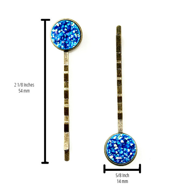 All Up In The Hair | Online Accessory Boutique Located in Mooresville, NC | Two Apatite Druzy Bobby Pins on a plain white background. The bobby pin measurements are written next to the left bobby pin and under the right bobby pin.
