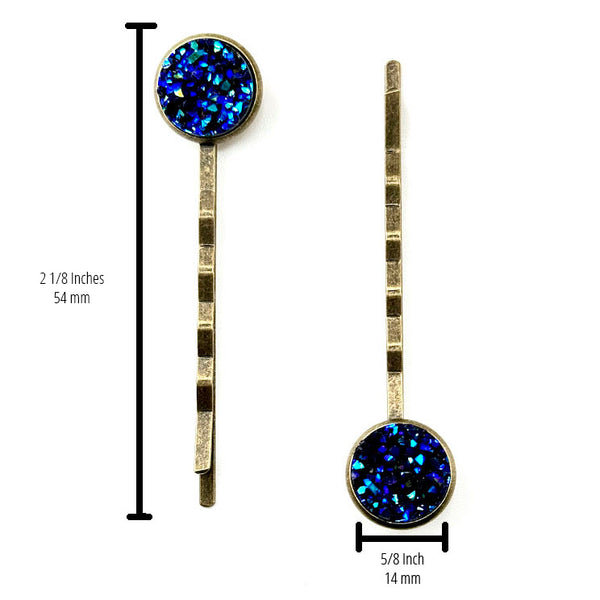 All Up In The Hair | Online Accessory Boutique Located in Mooresville, NC | Two Azurite Druzy Bobby Pins on a plain white background. The measurements for the bobby pins are written to the left of the left bobby pin and under the right bobby pin.