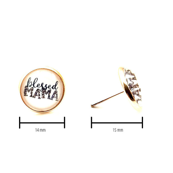 All Up In The Hair | Online Accessory Boutique Located in Mooresville, NC | Two Blessed Mama Earrings on a white background. One earring is facing sideways. The measurements for the earrings are written under each earring.