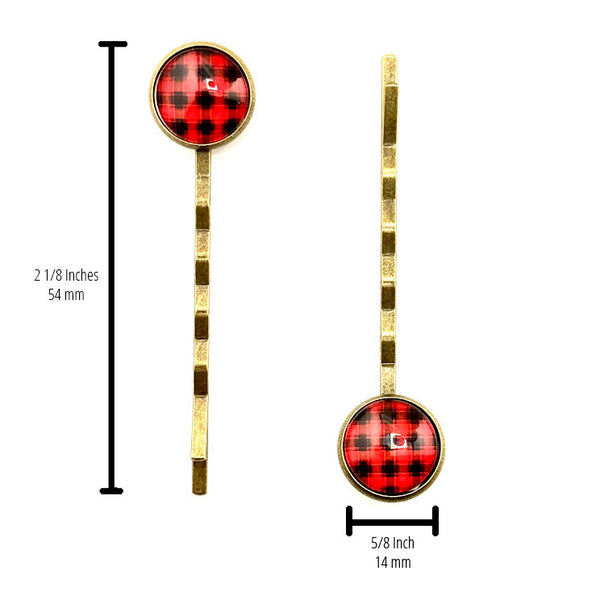 All Up In The Hair | Online Accessory Boutique Located in Mooresville, NC | Two Buffalo Plaid Bobby Pins on a plain white background. The measurements of the bobby pins are written to the left of the left bobby pin and under the right bobby pin.