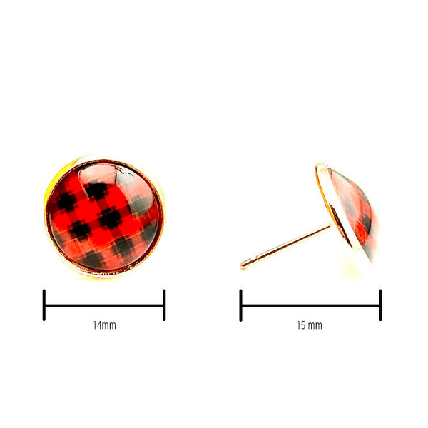 All Up In The Hair | Online Accessory Boutique Located in Mooresville, NC | Two Buffalo Plaid Earrings on a white background. One of the earrings is facing sideways. The measurements for the earrings are written under each earring.