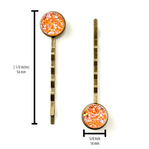 All Up In The Hair | Online Accessory Boutique Located in Mooresville, NC | Two Carnelian Druzy Bobby Pins on a plain white background. Measurements are written to the side of the left bobby pin and under the right bobby pin.