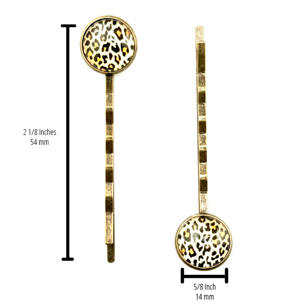 All Up In The Hair | Online Accessory Boutique Located in Mooresville, NC | Two Cheetah Bobby Pins on a white background. The measurements of the bobby pins are written next to the left bobby pin and under the right bobby pin.