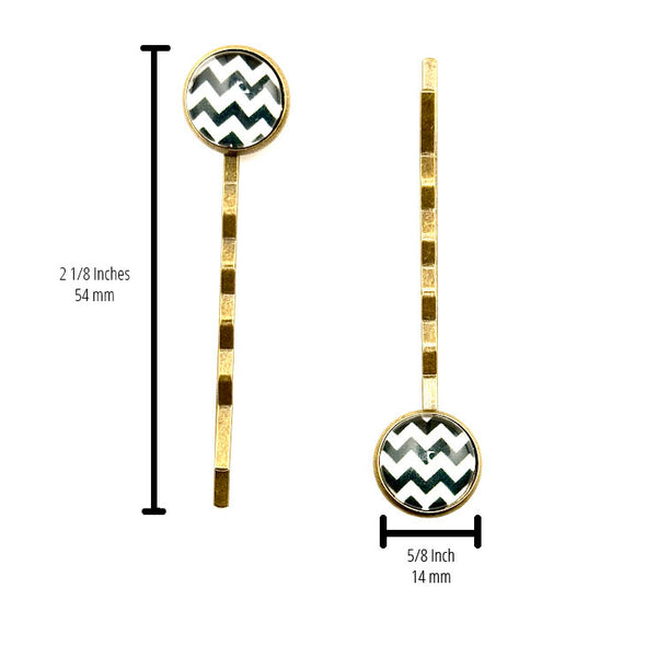 All Up In The Hair | Online Accessory Boutique Located in Mooresville, NC | Two Chevron Bobby Pins on a white background. The measurements of the bobby pins are written next to the left bobby pin and under the right bobby pin.