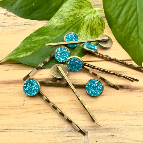 Clear Blue Druzy Bobby Pins