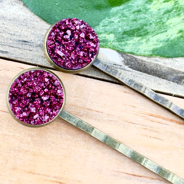 Dark Raspberry Druzy Bobby Pins