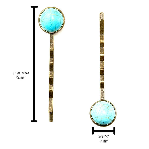 All Up In The Hair | Online Accessory Boutique Located in Mooresville, NC | Two Faux Turquoise Bobby Pins on a white background. The measurements of the bobby pins are written next to the left bobby pin and under the right bobby pin.