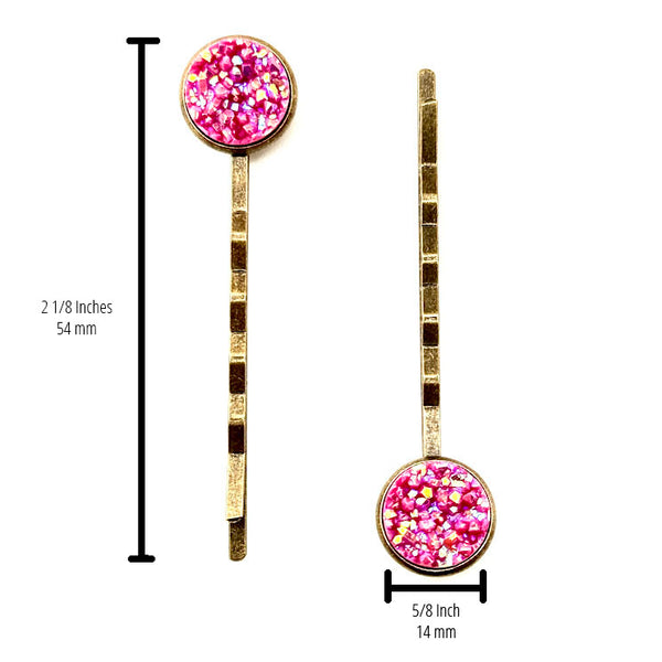All Up In The Hair | Online Accessory Boutique Located in Mooresville, NC | Two Fuchsia Druzy Bobby Pins on a plain white background. The measurements of the bobby pins are written to the left of the left bobby pin and under the right bobby pin.