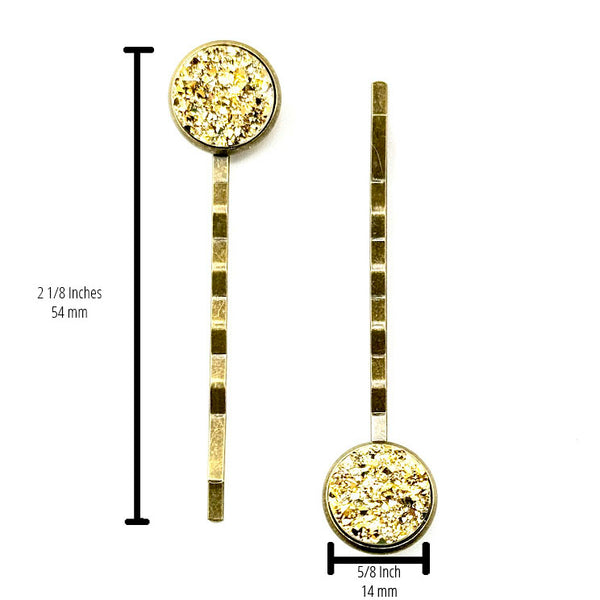 All Up In The Hair | Online Accessory Boutique Located in Mooresville, NC | Two Gold Druzy Bobby Pins on a plain white background. There are measurements written to the left of the left bobby pin and under the right bobby pin.