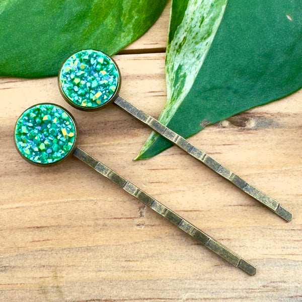 Green Druzy Bobby Pins