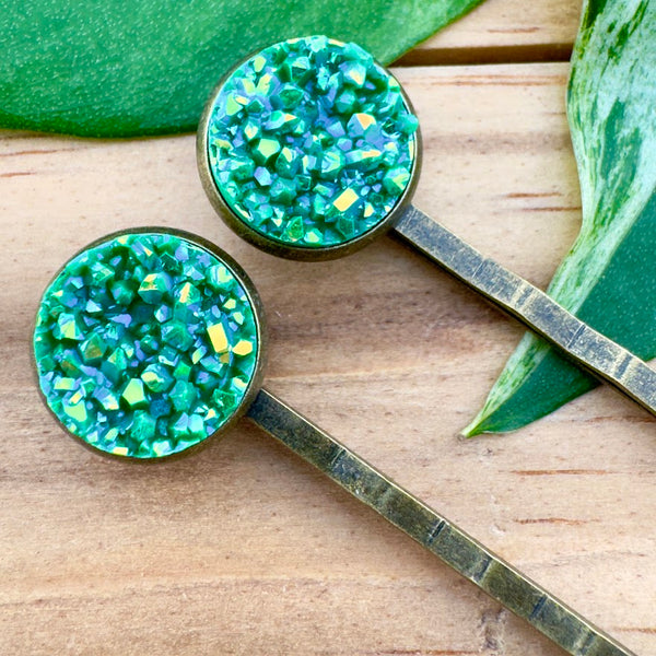 Green Druzy Bobby Pins