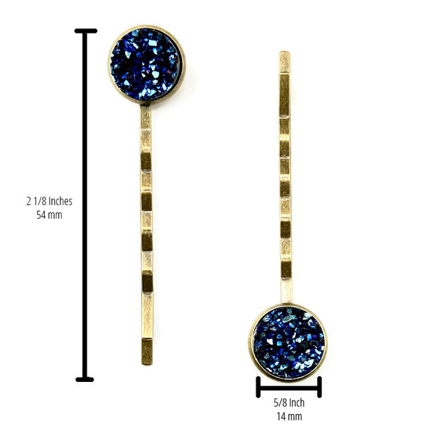 All Up In The Hair | Online Accessory Boutique Located in Mooresville, NC | Two Indigo Kyanite Druzy Bobby Pins on a plain white background. The measurements of the bobby pins are written to the left of the left bobby pin and under the right bobby pin.