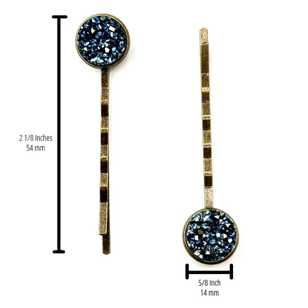 All Up In The Hair | Online Accessory Boutique Located in Mooresville, NC | Two Labradorite Druzy Bobby Pins on an all white background. There are measurements written to the side of the left bobby pin and under the right bobby pin.