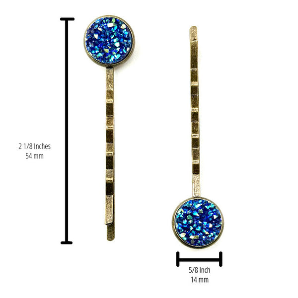 All Up In The Hair | Online Accessory Boutique Located in Mooresville, NC | Two Lapis Druzy Bobby Pins on a plain white background. There are measurements to the left of the left bobby pin and under the right bobby pin.