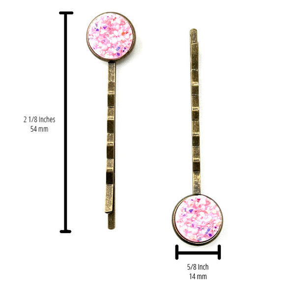 All Up In The Hair | Online Accessory Boutique Located in Mooresville, NC | Two Light Pink Druzy Bobby Pins on a plain white background. There are measurements written to the left of the left bobby pin and under the right bobby pin.