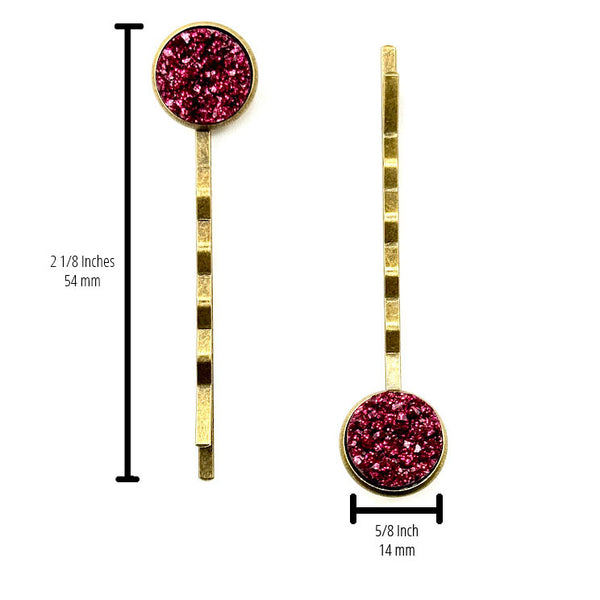 All Up In The Hair | Online Accessory Boutique Located in Mooresville, NC | Two Magenta Druzy Bobby Pins on a plain white background. There are measurements of the bobby pins written to the left of the left bobby pin and under the right bobby pin.