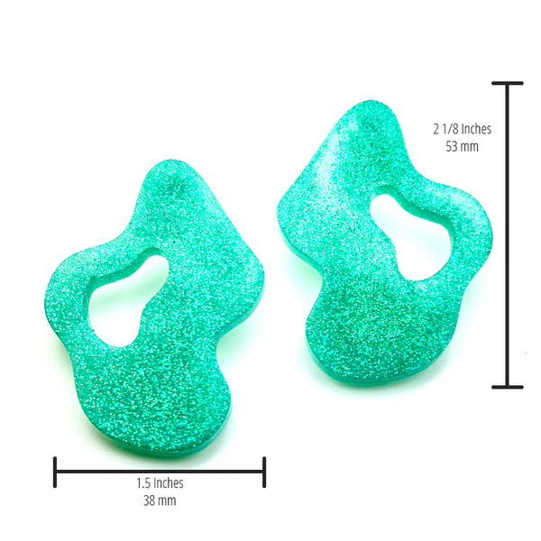 All Up In The Hair | Online Accessory Boutique Located in Mooresville, NC | Two Mint Wave Earrings on a white background. The measurements of the earrings are written under the left earring and to the right of the right earring.