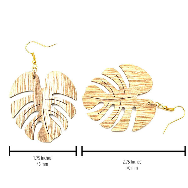 All Up In The Hair | Online Accessory Boutique Located in Mooresville, NC | Two Monstera Leaf Earrings on a white background. The measurements of the earrings are written underneath them.