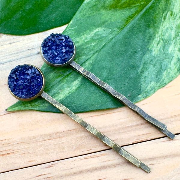 Navy Blue Druzy Bobby Pins