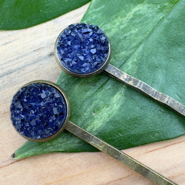 Navy Blue Druzy Bobby Pins