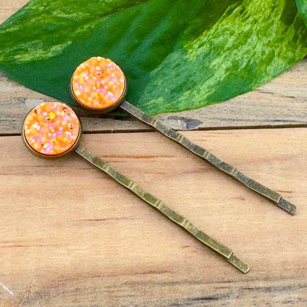 Neon Orange Druzy Bobby Pins