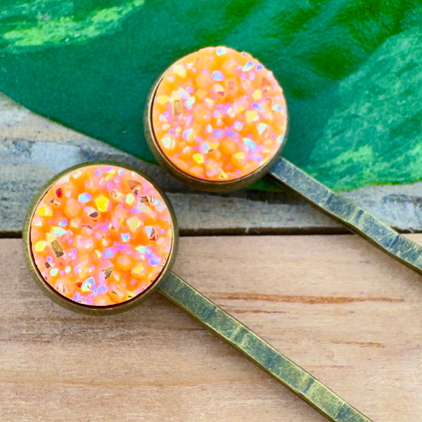 Neon Orange Druzy Bobby Pins