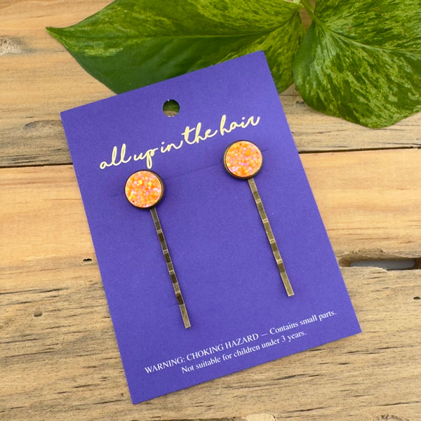 Neon Orange Druzy Bobby Pins