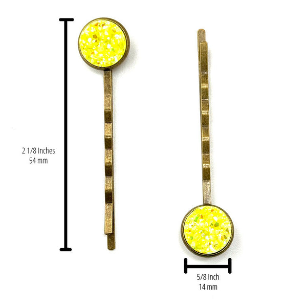 All Up In The Hair | Online Accessory Boutique Located in Mooresville, NC | Two Neon Yellow Druzy Bobby Pins on a plain white background. There are measurements to the side of the left bobby pin and under the right bobby pin.