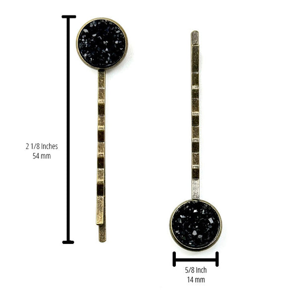 All Up In The Hair | Online Accessory Boutique Located in Mooresville, NC | Two Onyx Druzy Bobby Pins on a plain white background. There are measurements of the bobby pins to the side of the left bobby pin and under the right bobby pin.
