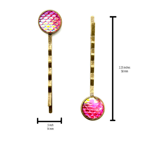 All Up In The Hair | Online Accessory Boutique Located in Mooresville, NC | Two Pink Mermaid Bobby Pins on a white background. There are measurements written under the left bobby pin and to the right of the right bobby pin.