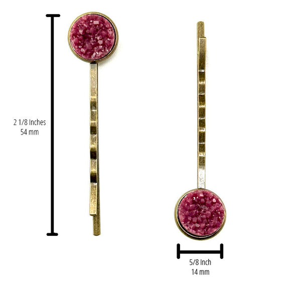 All Up In The Hair | Online Accessory Boutique Located in Mooresville, NC | Two Plum Druzy Bobby Pins on a plain white background. Measurements of the bobby pins are written next to the left bobby pin and under the right bobby pin.