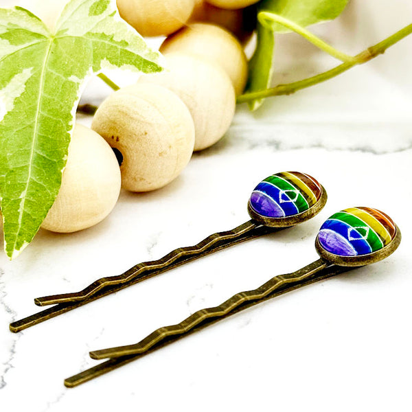 All Up In The Hair | Online Accessory Boutique Located in Mooresville, NC | Side view of two Rainbow Bobby Pins laying on a white marble background with a wood bead garland and ivy leaves.