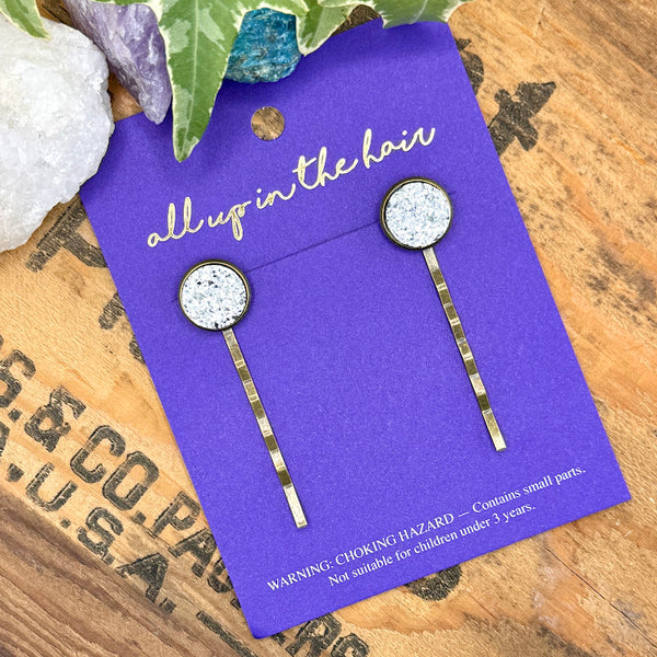 All Up In The Hair | Online Accessory Boutique Located in Mooresville, NC | Two Silver Druzy Bobby Pins on an indigo colored, All Up In The Hair branded packaging card. The card is laying on a wood background with black lettering. There are crystals and ivy leaves at the top of the image.