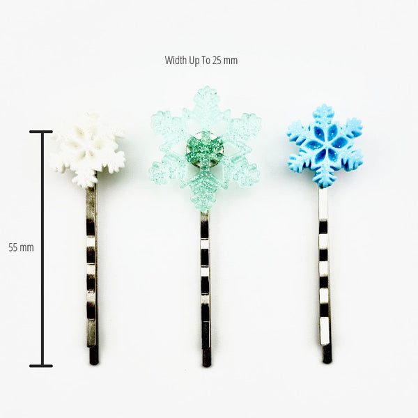 All Up In The Hair | Online Accessory Boutique Located in Mooresville, NC | Three Snowflake Bobby Pins on a white background. The measurements of the bobby pins are written on the image.