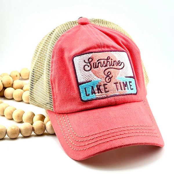 All Up In The Hair | Online Accessory Boutique Located in Mooresville, NC | Coral hat that says Sunshine And Lake Time on a white background.
