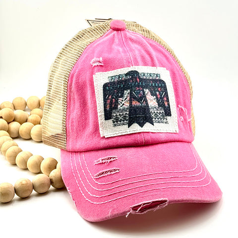 All Up In The Hair | Online Accessory Boutique Located in Mooresville, NC | Pink baseball cap with a geometric pink and blue thunderbird patch on a white background.