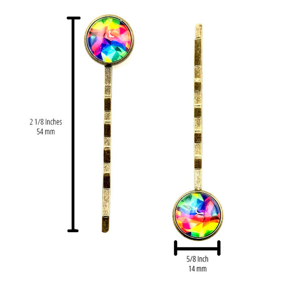 All Up In The Hair | Online Accessory Boutique Located in Mooresville, NC | Two Tie Dye Bobby Pins on a white background. The measurements for the bobby pins is written to the side of the left bobby pin and under the right bobby pin.