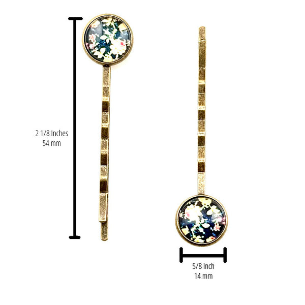 All Up In The Hair | Online Accessory Boutique Located in Mooresville, NC | Two Vintage Floral Bobby Pins on a white background. The measurements of the bobby pins are written to the side of the left bobby pin and under the right bobby pin.