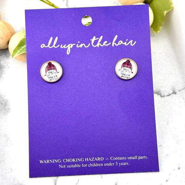 All Up In The Hair | Online Accessory Boutique Located in Mooresville, NC | Two You'll Shoot Your Eye Out Earrings on an indigo colored, All Up In The Hair branded packaging card. The card is laying on a white marble background.